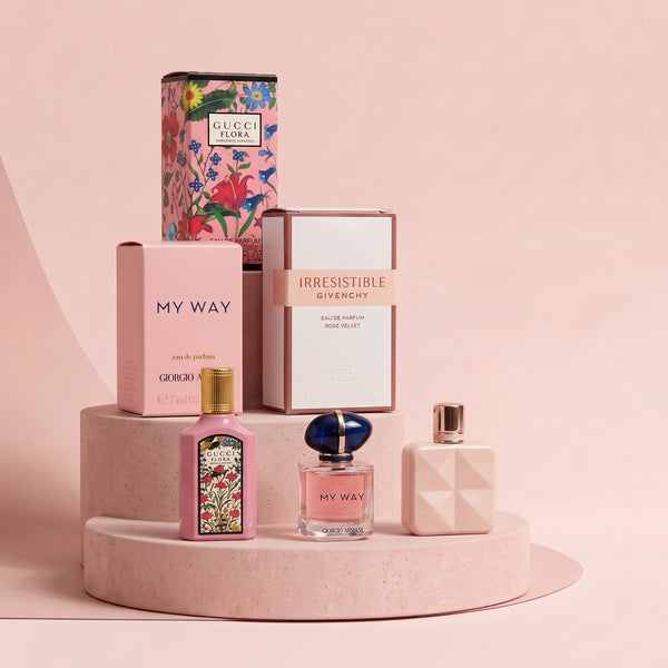 Pack Trio Rose Couture – Gucci Flora Gorgeous Gardenia • Giorgio Armani My Way • Givenchy Irresistible Rose Velvet